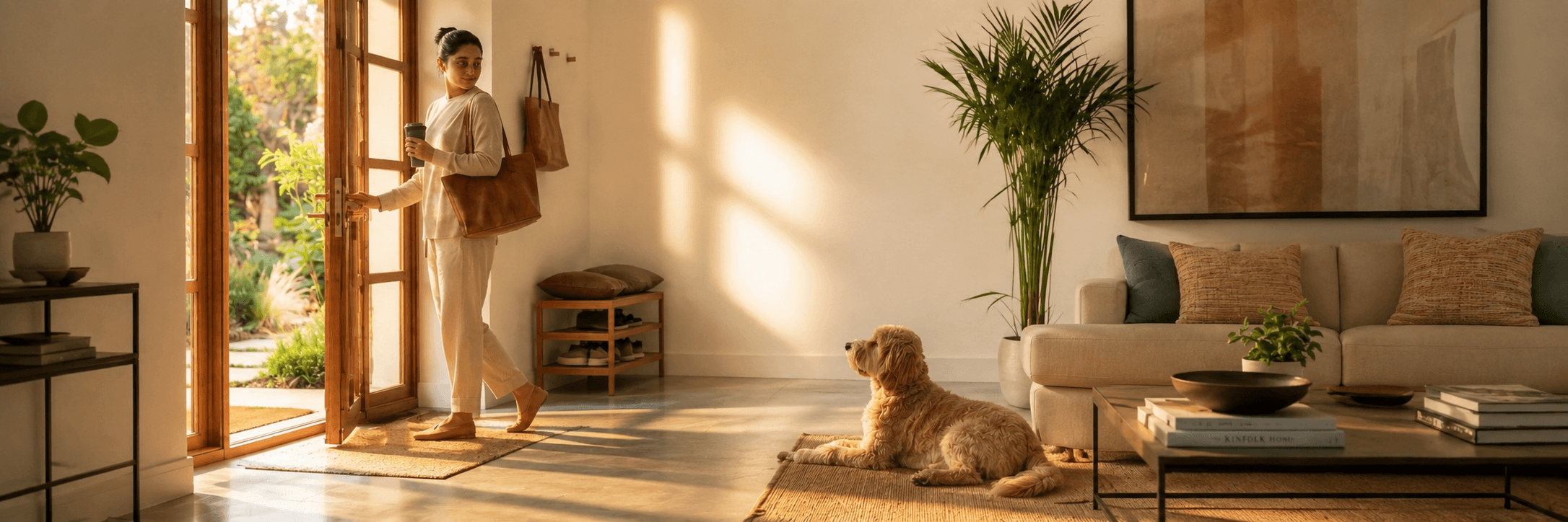 A dog resting at home while a caregiver leaves for the day