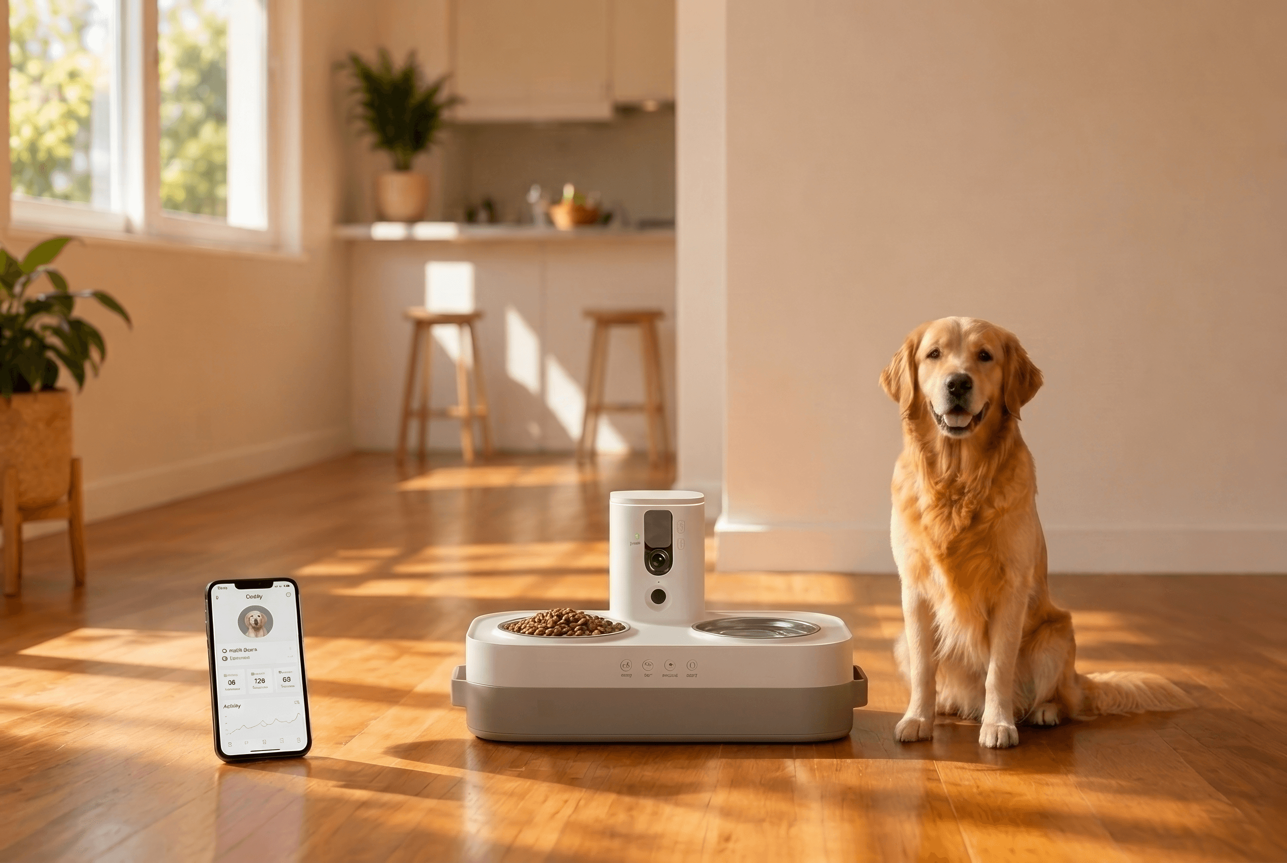 ORO Base device with a dog and the ORO app