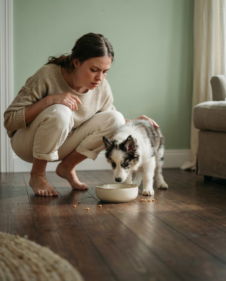 Woman watching anxiously as a puppy approaches its bowl