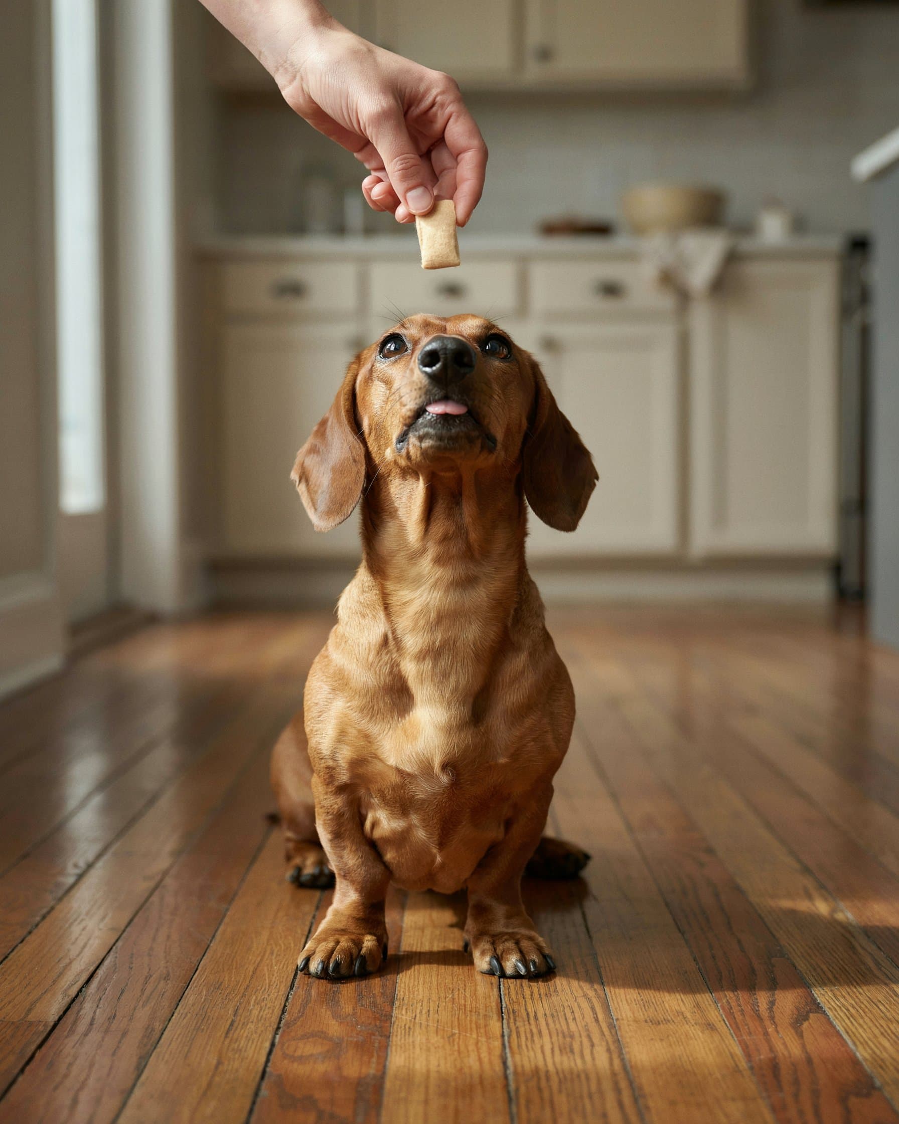 Dachshund looking up at a treat being offered by hand