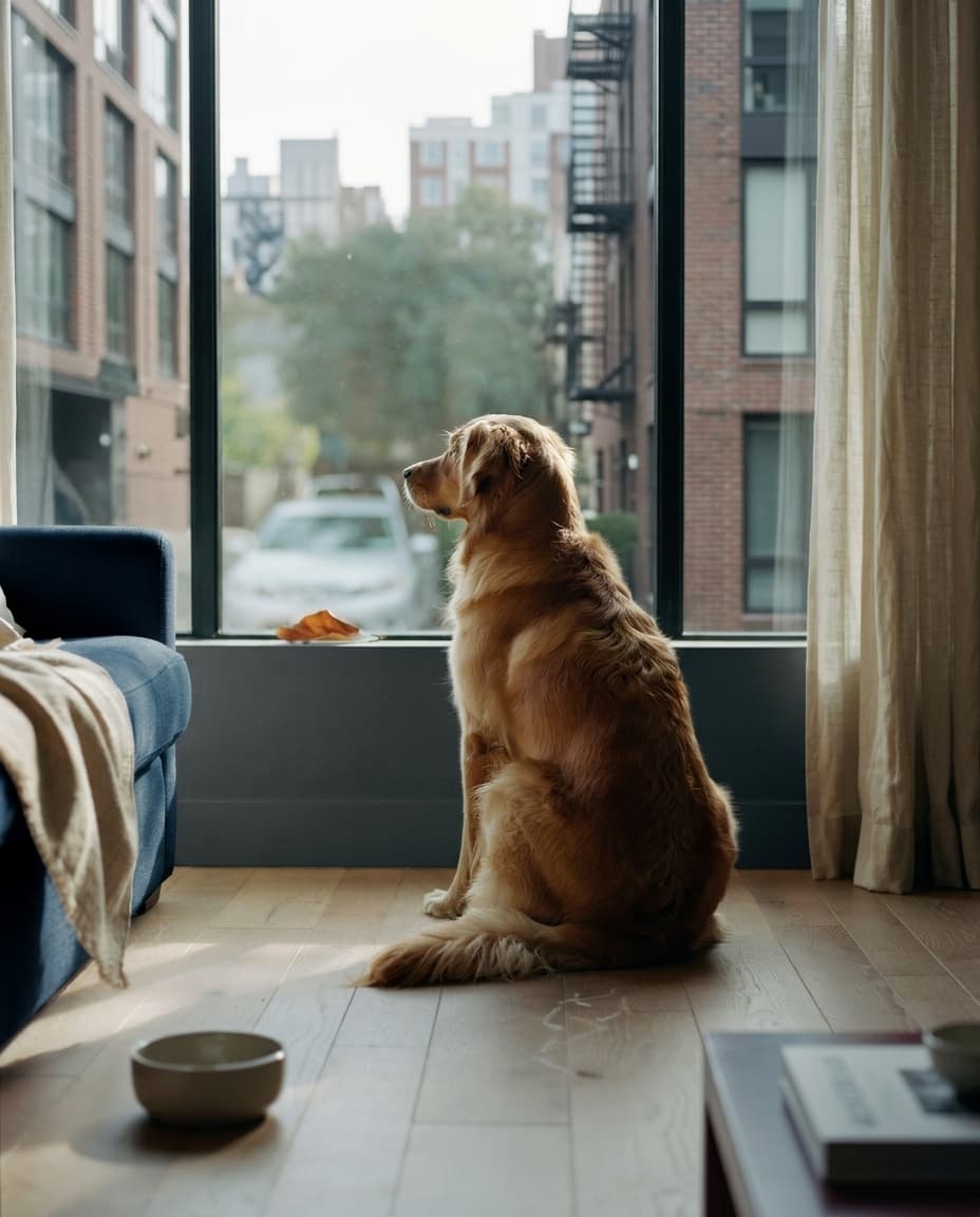 Dog sitting alone at a window, looking outside