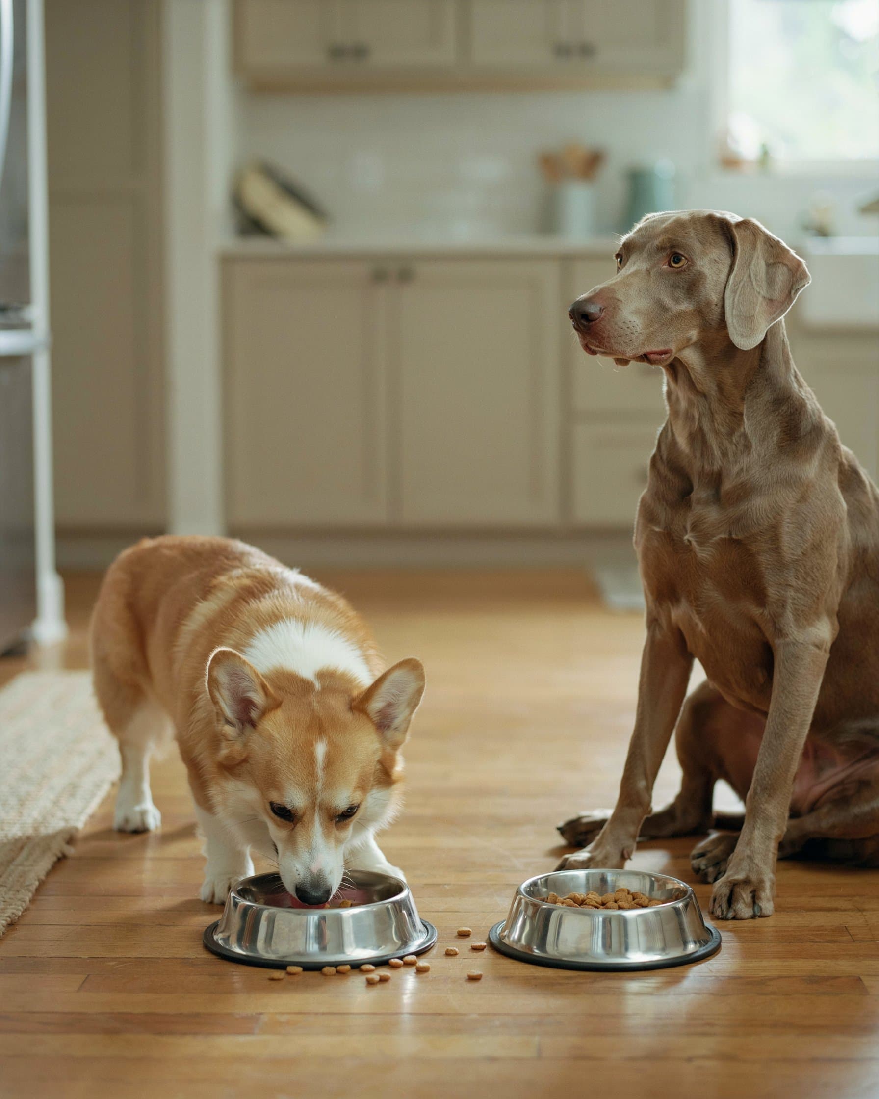Corgi eating eagerly while a Weimaraner ignores its bowl